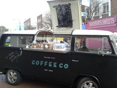 1973 T2 camper converted into a artisan mobile coffee shop. Coffee roasted by Jo in Shortwood.