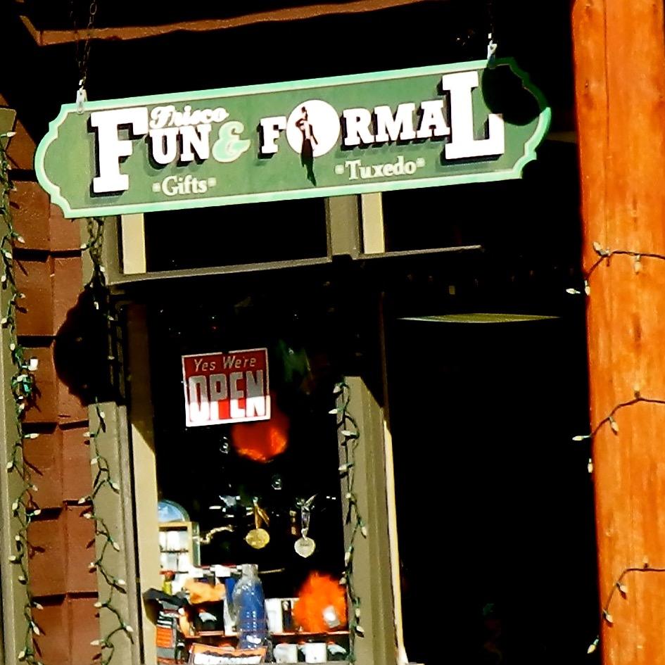 Fun: Gifts, souvenirs, jewelry, books, clothing, pottery and amusing signs. Formal: Full service tuxedo rentals and sales.