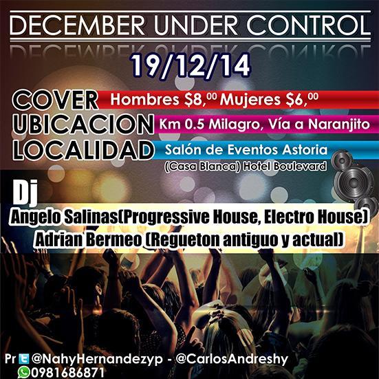 Viernes 19 /12 /14 -  Hora 21:00 - Salon de Eventos Astoria , Hotel Boulevard - Casa Blanca . - Cover : Hombre $8 Mujeres $6 - Wpp:  0981686871