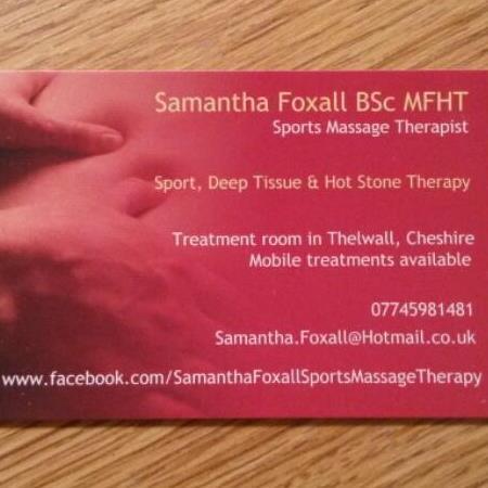 Samantha Foxall Sports Massage and Therapy. Sport, Deep Tissue, Hot Stones and Seated Acupressure Treatments. 07745981481 Samantha.foxall@hotmail.co.uk