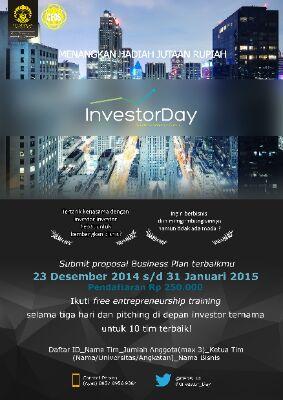 Mau bisnis tapi gak ada modal? Ayo ikut kompetisi Business Plan Investor Day ! Raih kesempatan kerjasama dengan para investor ternama tuk kembangin bisnismu!