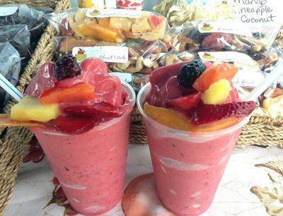We sell natural fruit smoothies, w/ locally grown fruits, & coconut water, & a fresh fruit garnish (mango, papaya, pineapple, guava, banana, acai & mix berries)
