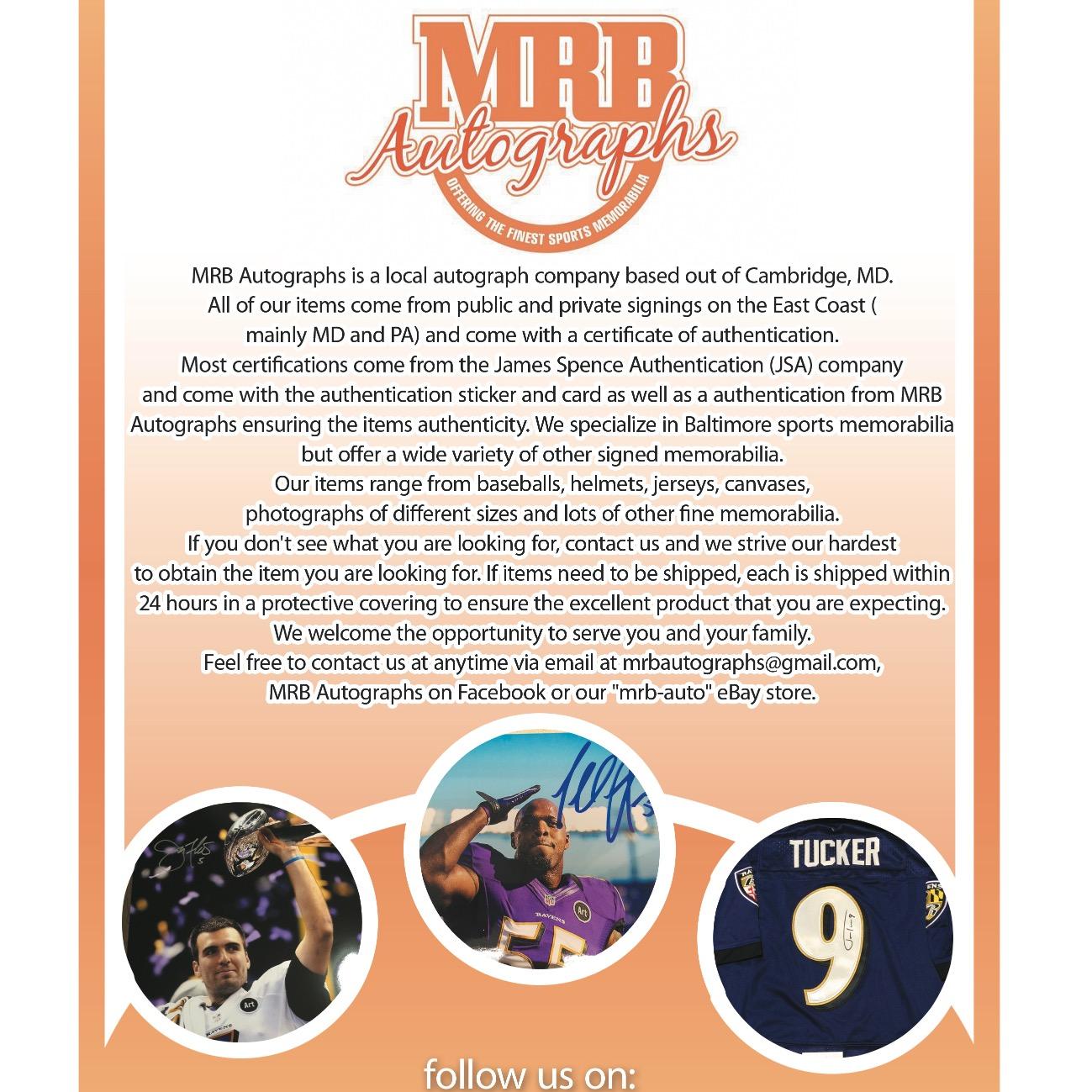 MRB Autographs is a local sports memorbalia  company based out of Cambridge, MD. We Offer All Types of authentic signed memorabilia. Check out our website.