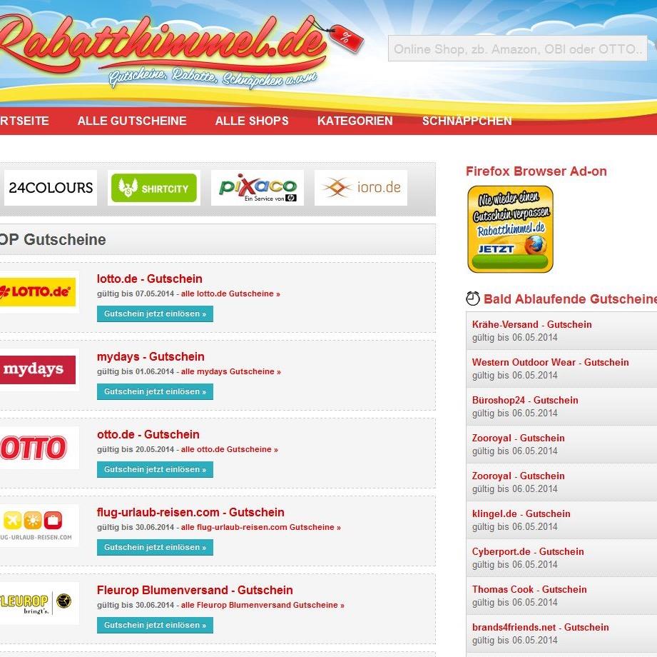 Rabatthimmel.de liefert dir kostenlos und ohne Anmeldung Gutscheine, Rabatte und Schnäppchen von zahlreichen Onlineshops. 
Sparen kann so einfach sein!