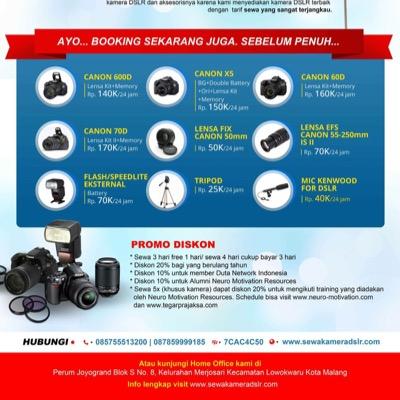 Rental kamera DSLR&aksesorisnya termurah di malang. CP : +62 856 49564672 Pin BB : 7ED56308. perum. joyogrand blok S no. 8 Malang (dekat ayam mak par)