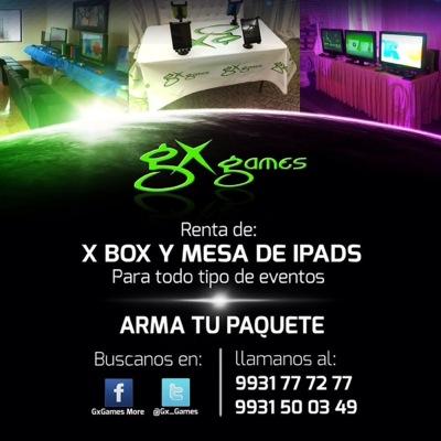 GX GAMES UBICADO EN PLAZA LAS GALAS LOCAL 21-B ARRIBA DE JUGOX DONDE TENEMOS RENTA DE XBOX 360, AL IGUAL TENEMOS RENTA DE XBOX 360 Y MESA DE IPAD PARA FIESTAS