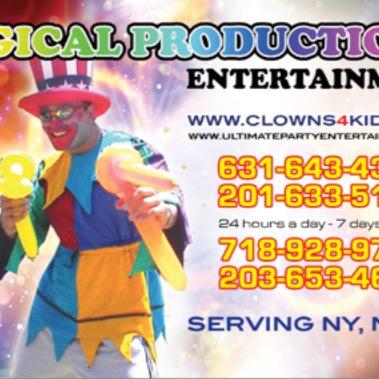 Awesome party entertainment featuring magicians, clowns, costume characters inflatable bouncers, huge water slide, mechanical bull. 718 928 9709 or 631 643 4386