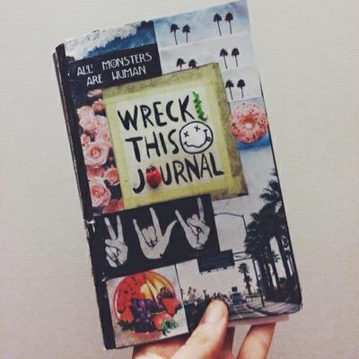 Wreck this journal by Keri Smith ! Send pictures with your Wreck this journal and we will follow you back. Be inspired . Challenge your life with a tweet .