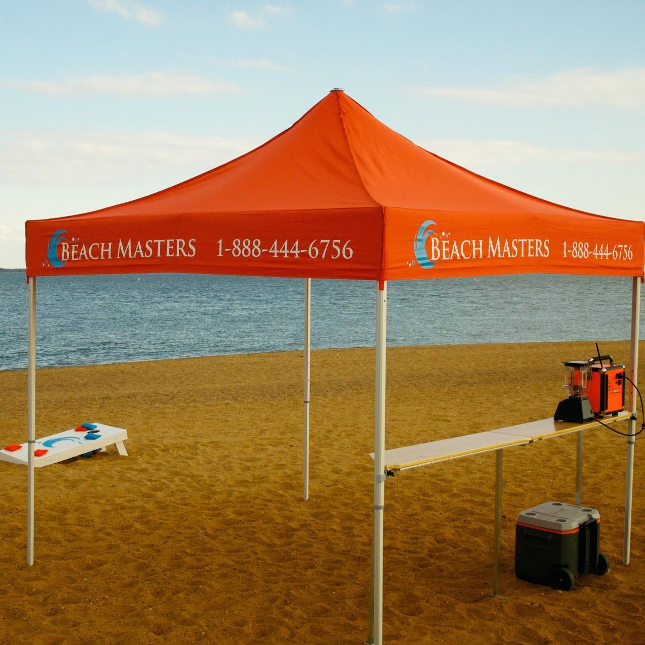 BeachMasters takes your OBX experience to a whole new level.  We set up the tent w/ counter, blender, Bluetooth speaker, cooler w/ ice and cornhole everyday.