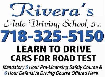 Road Lessons,
Cars for Road Test,
Road Test Appts,
5 & 6 Hour Courses available.
718-325-5150 
NYS DMV Certified.