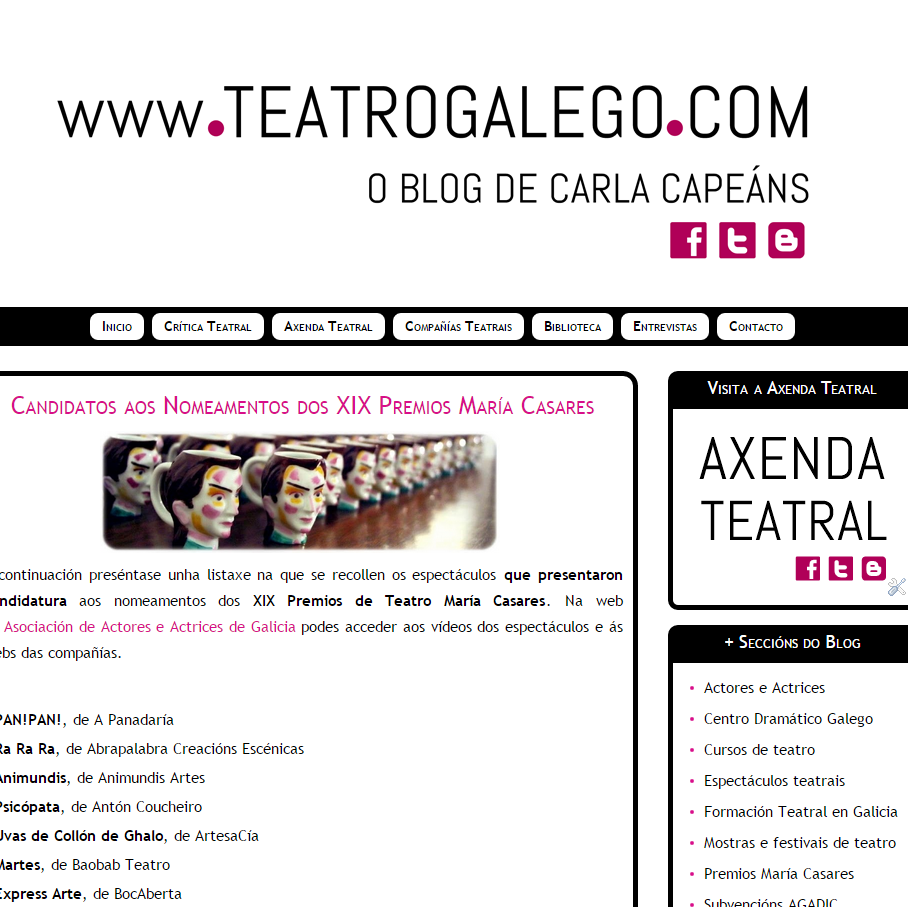 Blog de teatro galego escrito por @CarlaCapeans onde atoparás información sobre a actualidade teatral galega, crítica teatral, axenda teatral, biblioteca, etc