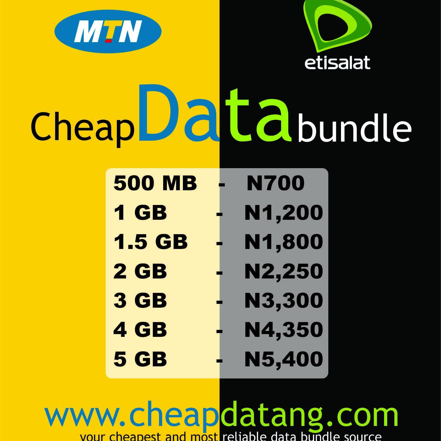 We sell Data bundle for MTN & ETISALAT and very ridiculous prices. 1GB - N1200, 2GB - N2250, 3GB - N3300 etc. We help you save up to 70%. We follow back.