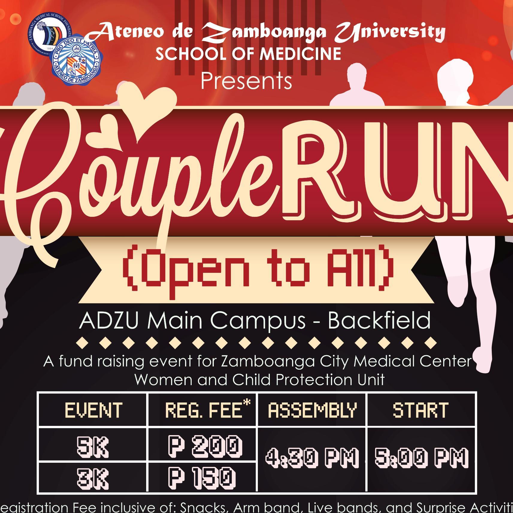 CoupleRun2k15's profile picture. Couple Run 2015 is a fun run for a cause to help women and child abuse victims of Zamboanga City. Organized by the Ateneo de Zamboanga - School of Medicine.