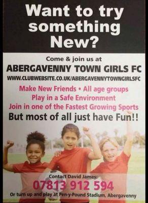Abergavenny Town Girls Fc
Training every wednesday abergavenny leisure centre 5.30pm -7pm
All ages welcome