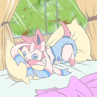a cute diapered sylveon that loves to play and is very good with little kids Nickname: Ribbons *is a mother* trainer: @pkmntrainer_mei #single gender: #female