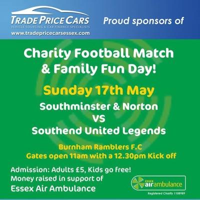 Charity Football Match & Family Fun Day Sunday 17th May @ Burnham Ramblers FC Essex. Norton FC vs Southend United Legends. Raising money for Essex Air Ambulance
