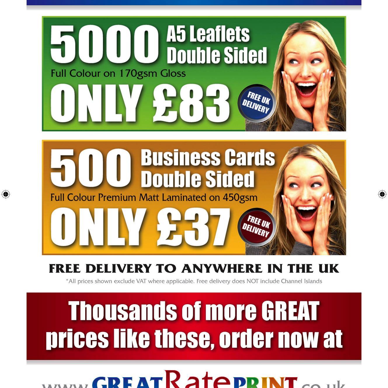 One of the UK's cheapest printing services with FREE UK DELIVERY. 
Leaflets - Banners - Business Cards - & more!!!