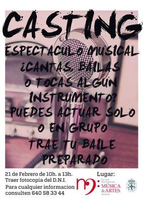 Este es un casting que se va a realizar en la escuela de música de EMMA de Almería el 21 de febrero los requisitos son bailar o cantar o tocar algun instrumento