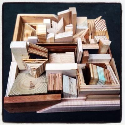 Artfully crafted audio diffusers made of reclaimed and scrap lumber.