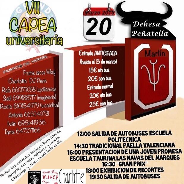 Twitter oficial de la VII capea universitaria de Avila,Viernes 20 marzo en Marlín (Avila) NO TE LA PIERDAS!!!! Tu capea y cada año la de más gente