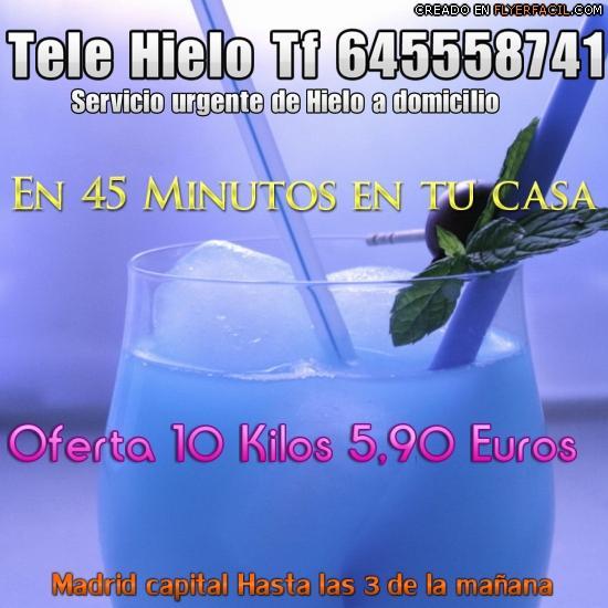 Servicio urgente de hielo a domicilio 10 kilos de hielo en tu casa 5,90 euros en 45 minutos .Para que no se te pare la fiesta. Tabaco vasos refrescos . etc