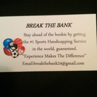 Break The Bank is a privately owned Sports Handicapping Service. Get winning picks at http://t.co/3EIz6RHUmI. We can be reached at breakthebank24@gmail.com