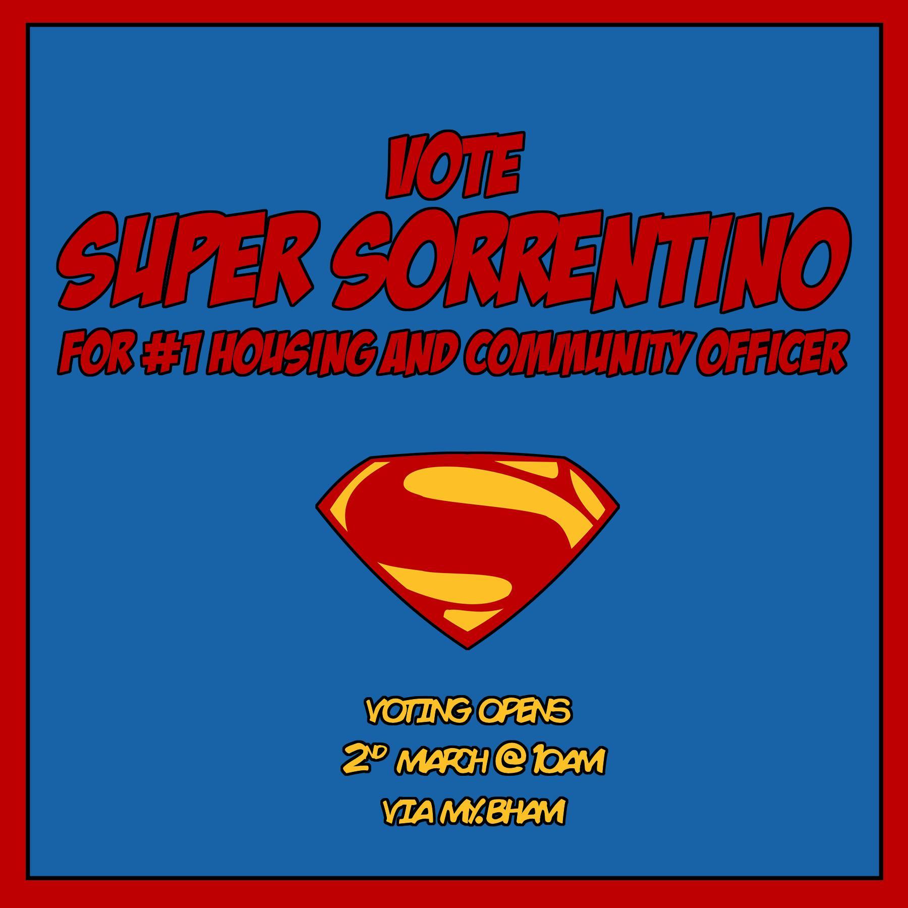 SuperSorrentino's profile picture. Vote Roberto SUPER Sorrentino for #1 Housing and Community Officer. Snapchat: SuperSorrentino.
#GuildElections #VoteSuperSorrentino