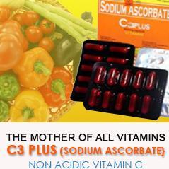 C3 Plus is Vitamin C in Sodium Ascorbate form. It is NONACIDIC (alkaline), With a pH range of 7.5 to 7.8