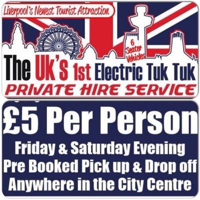 Welcome to the UK,S 1st electric Tuk Tuk private hire service. We can pick up & drop off prebooked passengers anywhere in Liverpool City Centre. 07578 905 559