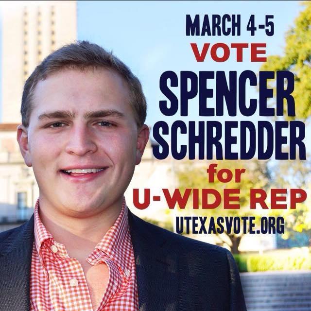 Twitter account for the Spencer Schredder for University Wide Representative campaign at @UTAustin.