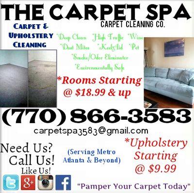 Low Cost, High Quality Professional Carpet And Upholstery Cleaning.  Rooms Starting@ $18.99* Like Us On FB The Carpet Spa Serving Metro Atlanta And Beyond!