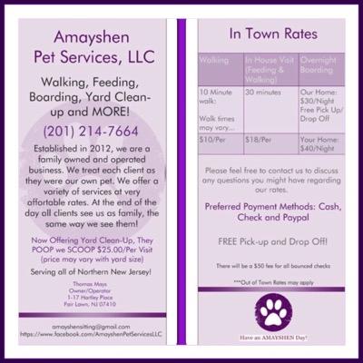 AMAYSHEN PET SITTING/WALKING SERVICES Hours 24/7 Please note that Holiday hours are available.