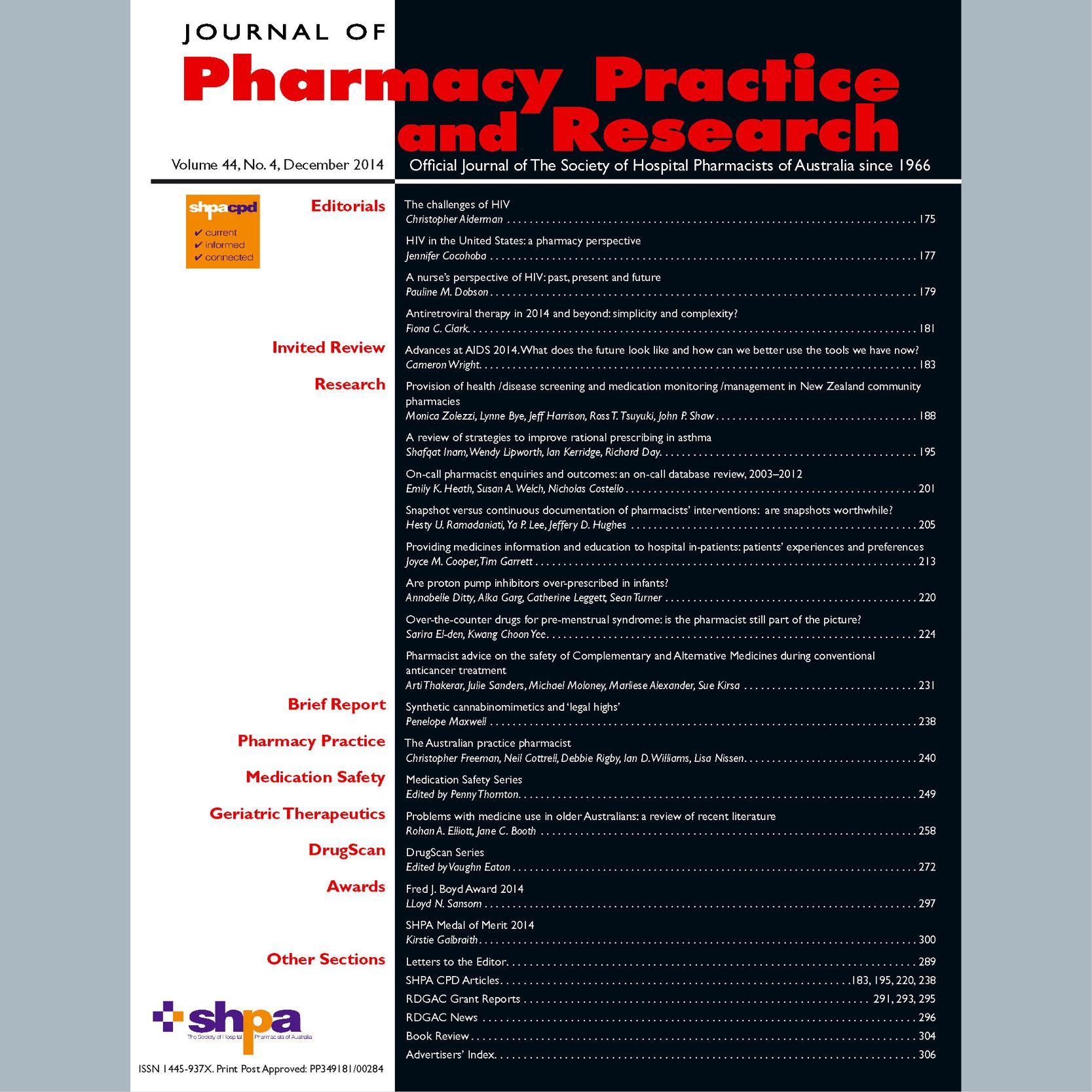 The Journal of Pharmacy Practice and Research is the official journal of The Society of Hospital Pharmacists of Australia.