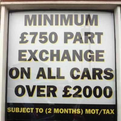 MINIMUM £750 EXCHANGE ON ALL CARS OVER £2000 (subject to 2 months )MOT/TAX.     FREE ROAD TAX FOR LIFE ON CERTAIN CARS