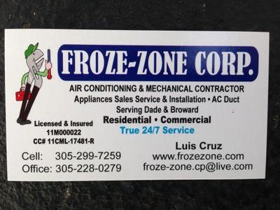Welcome to Froze-Zone Corp an Air Conditioning services for Miami-Dade and Broward County, Florida (305) 299-7259