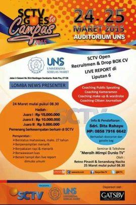 Official twitter account Sctv Goes To UNS
For More Information PLEASE KINDLY Cek favorite!
Contact:
0896 7467 4979 (Lomba&Coaching)
0857 2591 5086 (Talkshow)