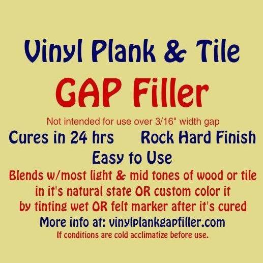 A vinyl plank & vinyl tile gap filler for repairing & sealing gaps, cracks & shrinking in luxury vinyl plank or vinyl tile flooring, allure & laminate flooring.