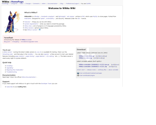 WikkaWiki is a flexible, standards-compliant, lightweight wiki engine written in PHP, which uses MySQL to store pages. WakkaWiki fork. Speed, extensible, secure