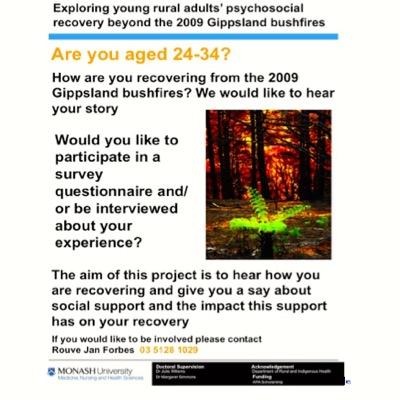 PhD researcher Monash University MUDRIH, 'Stories from the Ashes: Young adults psychosocial recovery after the 2009 Gippsland