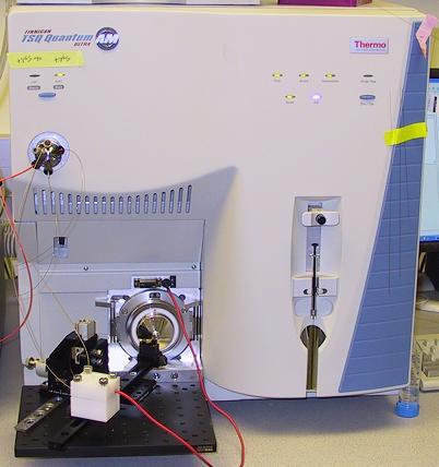 This Thermo Finnigan TSQ Quantum is a bench-top high performance triple stage quadrupole mass spectrometer.