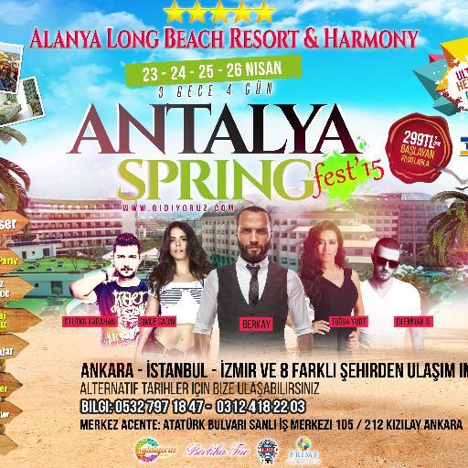http://t.co/tGufhjiean  Antalya Spring Fest 23 - 26 Nisan 3 GECE 4 GÜN ALANYA 5* LONG BEACH RESORT& HARMONY ULTRA HERŞEY DAHİL 299 TL'DEN BAŞLAYAN FİYATLARLA