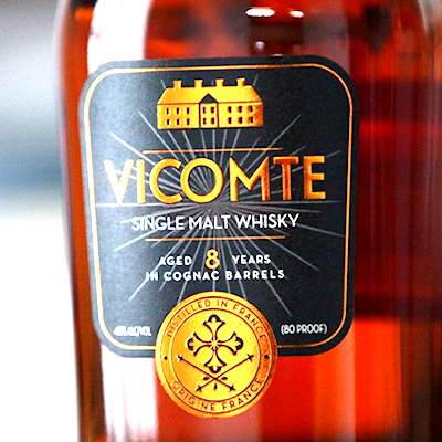 Vicomte Single Malt French Whisky. Distilled, aged, and bottled in France. Aged 8 years in Cognac barrels. Must be of legal age to follow. Drink Responsibly