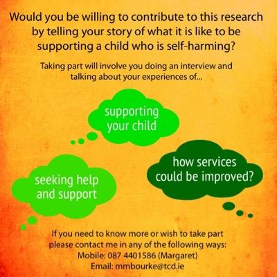 An innovative national project on parental experiences of a child's self-harm #PhD TCD programme. All participants names will be anonymised within this study.