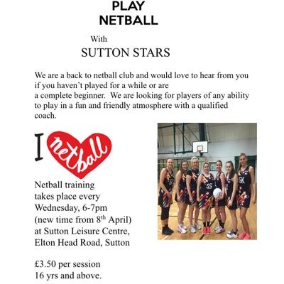 We are a brand new netball team training on a weds 5-6 at Sutton high. We are looking for players aged 16+ of any ability and fitness.
fb= sutton stars netball.