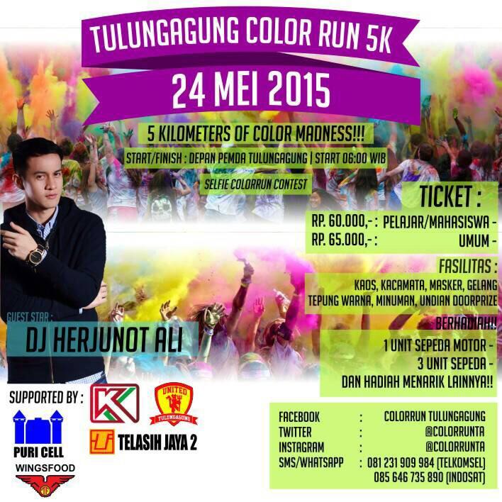 TulungagungColorRun5k on 24May'15 | HTM : pelajar/mhs(60k) umum (65k) | CP : 32400D0D - 085745669433 | ticket : http://t.co/VsXFj5kTBv, @abel.net, agen terdekat