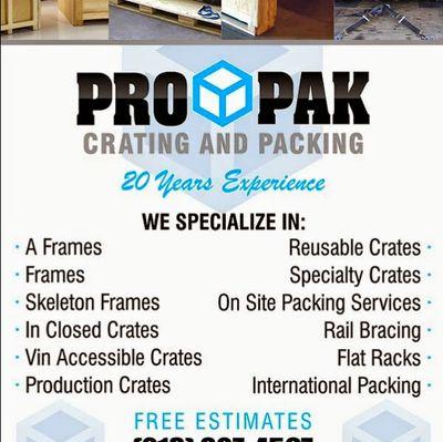 CRATING & PACKING SERVICES FOR INTERNATIONAL & DOMESTIC SHIPMENTS .FREE ESTIMATES !!! ON-SITE CRATING & PACKING !!!

rmpropak@gmail.com