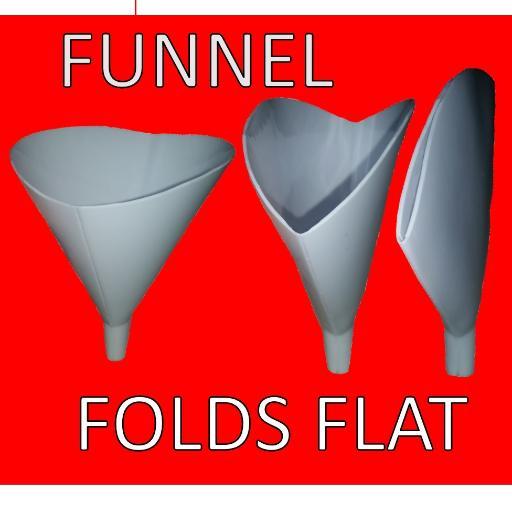 #ifb Producing a plastic funnel that folds flat for storage. Fits in baggie, stays clean in glove box, truck bed, or drawer. Food grade plastic = kitchen safe.