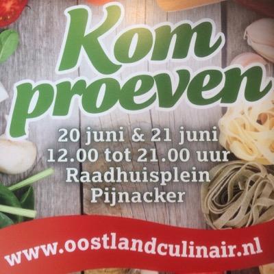 Culinair evenement op 20 en 21 juni 2015 waar lokale producten van Oostlandse ondernemers gepromoot worden. Locatie: het Raadhuisplein in Pijnacker