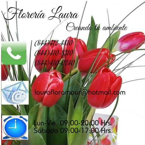 Floreria Laura le ofrece
Arreglos florales
  para su evento, Bodas y XV, ramos, entregas mismo 
TEL. (844) 4124810 Y 4108310
aceptamos tus tarjetas por teléfono