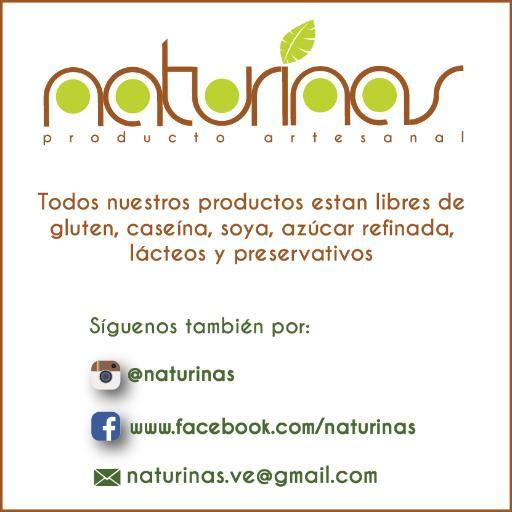 Elaboramos productos libres de gluten, caseína, azúcar refinada, soya, conservantes y preservativos. naturinas.ve@gmail.com
